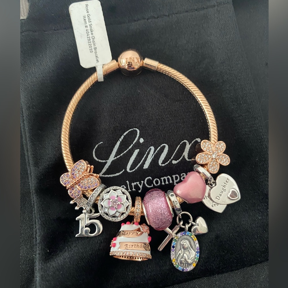 Linx Rose Gold Bracelet with 15th Birthday Quinceanera Themed Charms